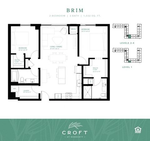 Floor plan for 2 beds, 2 baths, 1032 sqft
